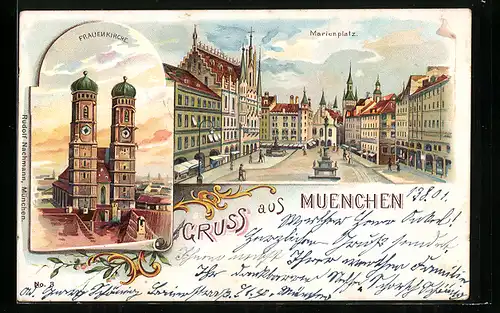 Lithographie München, Frauenkirche, Marienplatz mit Denkmal