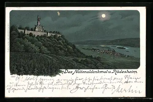 Lithographie Rüdesheim, Nationaldenkmal und Teilansicht bei Mondschein