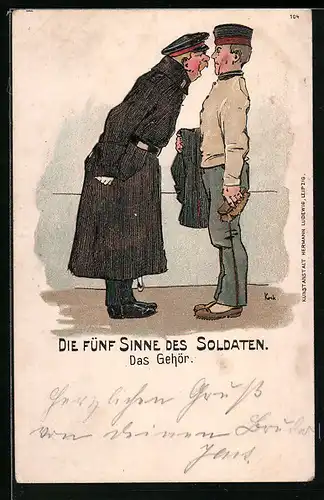 AK Die fünf Sinne des Soldaten, Das Gehör, Soldat wird angeschrien, Allegorie, 1. Weltkrieg