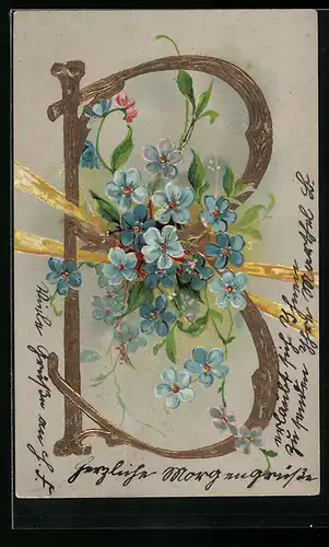 AK Buchstabe B mit blauem Blumenstrauss