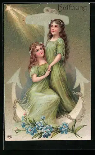 Präge-AK Hoffnung, Zwei Frauen am Anker, Allegorie