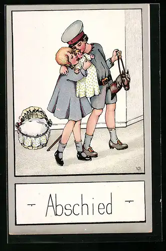 AK Soldat mit Steckenpferd, Frau und Kind