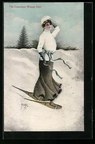 Künstler-AK The Canadian Winter Girl, Wintersportlerin läuft auf Schneeschuhen
