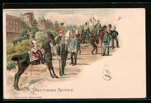 Lithographie Deutsche Armee, Kavalleristen und Infanteristen in Uniform