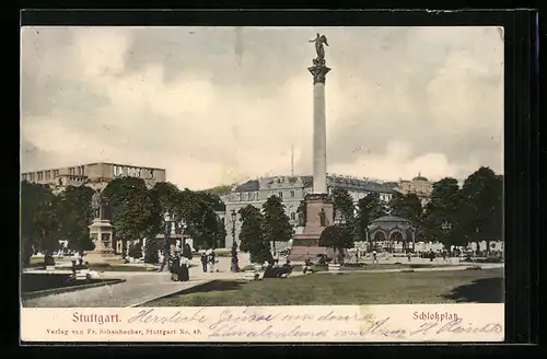 AK Stuttgart, Schlossplatz mit Denkmälern