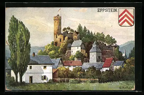 Künstler-AK Eppstein, Burgruine mit Häusern und Wappen