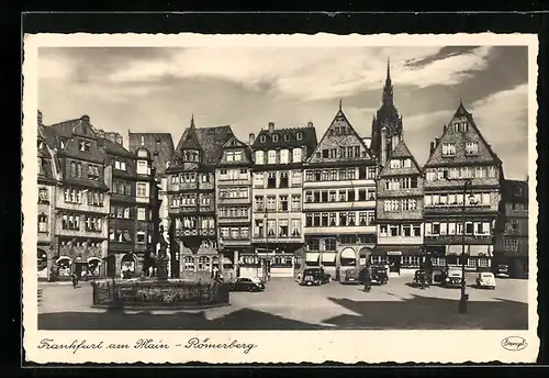 AK Alt-Frankfurt, Römerberg mit Geschäften und Brunnen