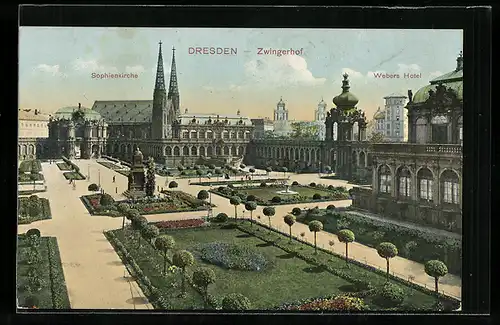 AK Dresden, Zwingerhof mit Webers Hotel und Sophienkirche