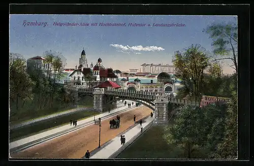 AK Hamburg-St.Pauli, Helgoländer-Allee mit Hochbahnhof u. Landungsbrücke