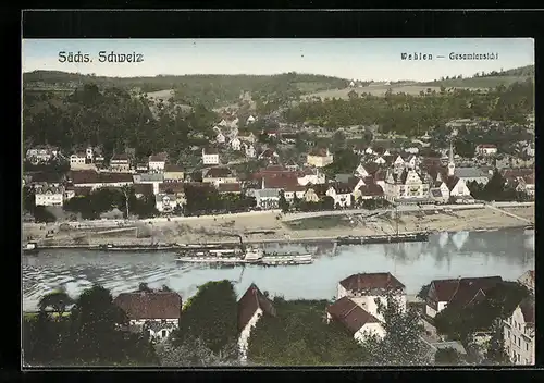 AK Wehlen /Sächs. Schweiz, Gesamtansicht mit Dampfer