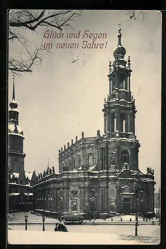 AK Dresden, Katholische Hofkirche im Schnee, Neujahrsgruss