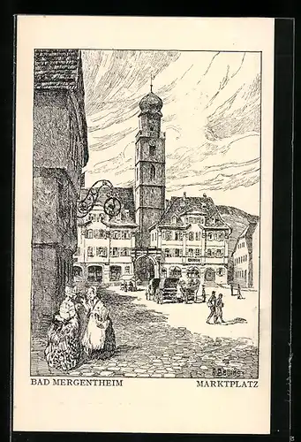 Künstler-AK Bad Mergentheim, Marktplatz