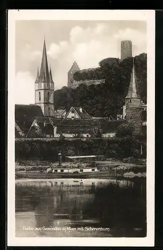 AK Gemünden a. Main, Ortspartie mit Scherenburg und Dampfboot