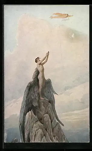 Künstler-AK S. Solomko: Traum des Ikarus, Ikarus sieht ein Flugzeug