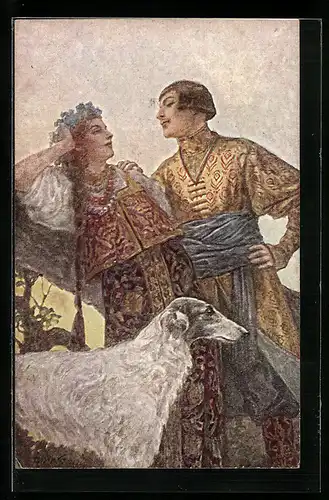 Künstler-AK S. Solomko: Aug in Aug - Paar hinter Hund