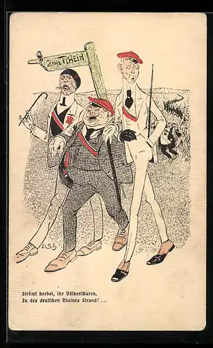 Künstler-AK Ernst Schlemo: Drei Studenten am Wegweiser zum Rhein, studentische Szene