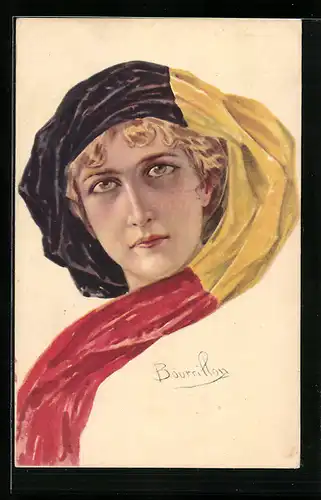Künstler-AK sign. Bourrillon: Junge Dame mit belgischer Fahne als Kopfbedeckung