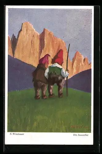 Künstler-AK sign. F. Wiesbauer: Die Ausreisser, Zwei Zwerge in den Bergen