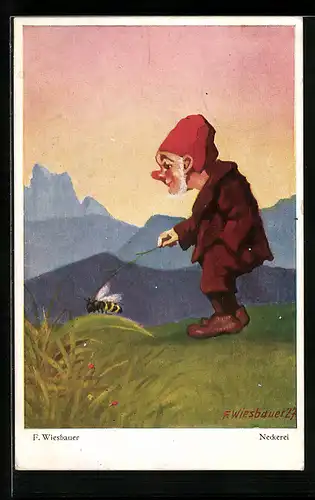 Künstler-AK Neckerei, Zwerg piekst eine Biene mit einem Grashalm