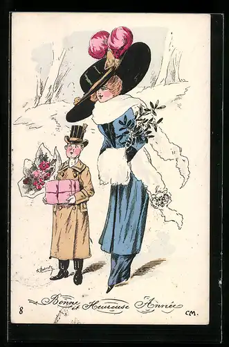 Künstler-AK sign. Roberty: Kleiner Mann und grosse Frau im Schnee