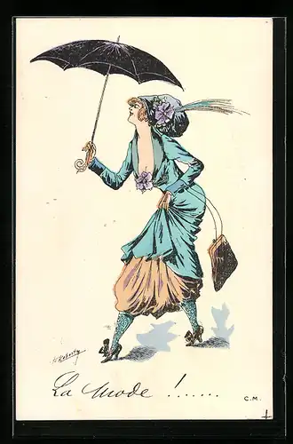 Künstler-AK sign. Roberty: La Mode, junge Frau mit Hut und Regenschirm