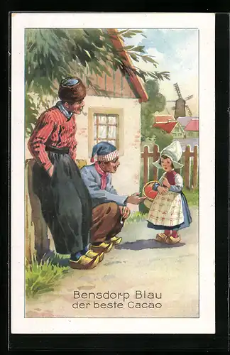 AK Zwei Holländer mit einem Mädchen, Im Hintergrund Windmühle, Reklame für Bensdorp Blau Kakao