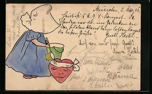 Künstler-AK Handgemalt: Kleines Mädchen mit Schöpflöffel und Herz