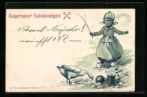 AK Mädchen hütet Gans, Reklame für Ackermann`s Schlüsselgarn
