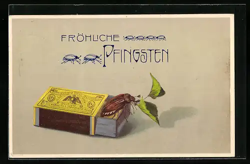 Präge-AK Maikäfer mit Blättern an Streichholzschachtel, Pfingstgruss, Kuriosa