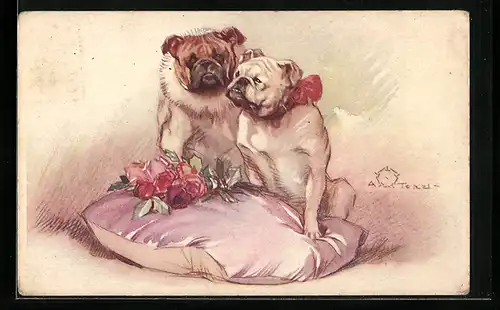 Künstler-AK Terzi: Bulldoggenpaar feiert Hochzeit