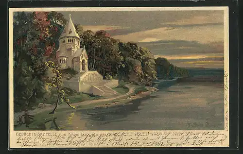 Künstler-Lithographie Zeno Diemer: Berg, Gedächtniskapelle für König Ludwig II., Starnberger See