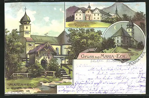 Lithographie Maria-Eck, zwei Motive und Kloster