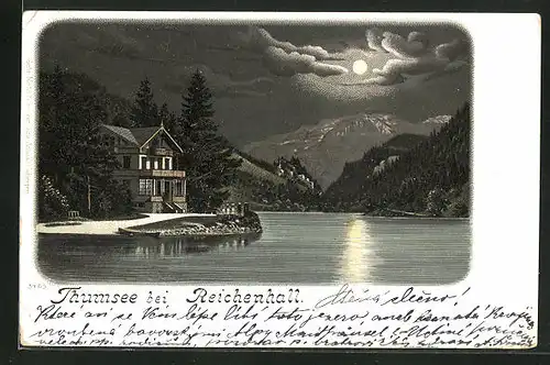 Mondschein-Lithographie Bad Reichenhall, Hütte am Thumsee