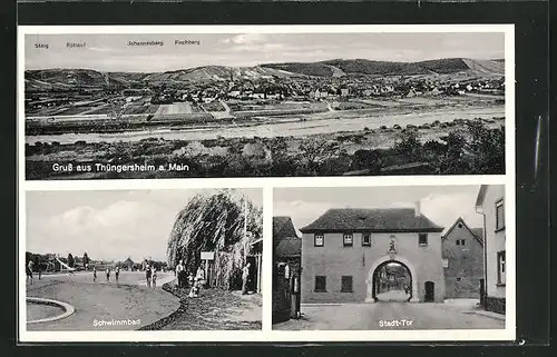 AK Thüngersheim / Main, Ansicht vom Schwimmbad, Stadt-Tor, Ortsansicht