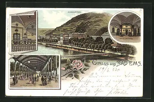 Lithographie Bad Ems, Kurhotel mit Kurgarten, Kraehnchenbreunnen und Kesselbrunnen