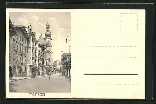 AK Trostberg, Ortsansicht mit Buchdruckerei Trostberger Wochenblatt