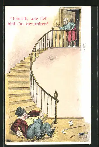 Künstler-AK Willi Scheuermann: Heinrich, wie tief bist Du gesunken!, Trinkerhumor