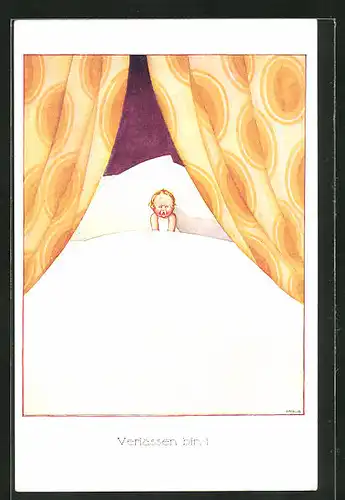 Künstler-AK Kriwub: trauriges Kind liegt einsam im grossen Bett