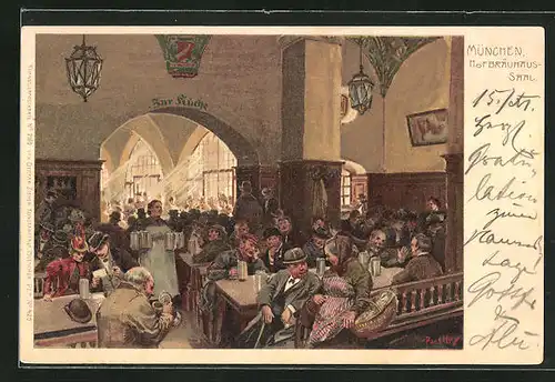 Künstler-Lithographie Paul Hey: München, Gasthof Kgl. Hofbräuhaus, Gäste im Saal