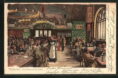 Künstler-Lithographie Paul Hey: München, Gasthof Kgl. Hofbräuhaus, Angeregte Unterhaltung im Saal