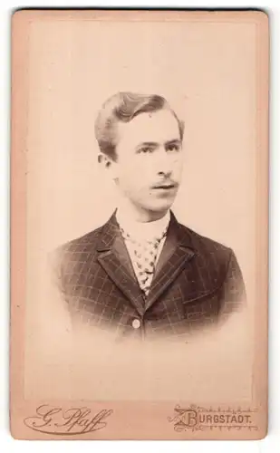 Fotografie G. Pfaff, Burgstädt, Portrait junger Mann im karierten Anzug mit Krawatte