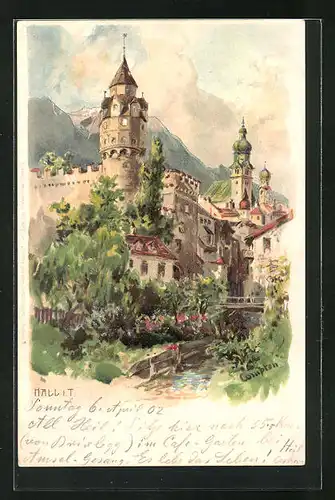Künstler-AK Edward Theodore Compton: Hall i. T., Blick auf Burg Hasegg und Kirche