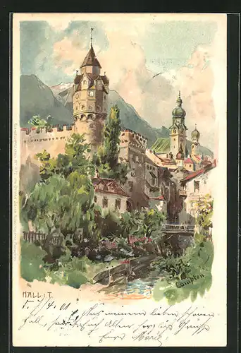 Künstler-AK Edward Theodore Compton: Hall i. T., Burg Hasegg und Kirche im Ortsbild