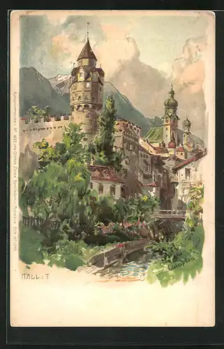 Künstler-AK Edward Theodore Compton: Hall i. T., Ansicht von Burg Hasegg und Kirche