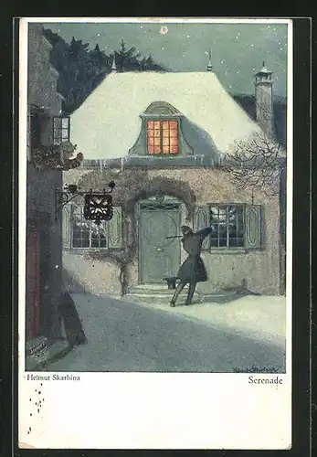 Künstler-AK Helmut Skarbina: Serenade, Nächtlicher Geiger vor dem Fenster der Angebeteten