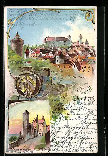 Lithographie Nürnberg, Ortsansicht mit Burg