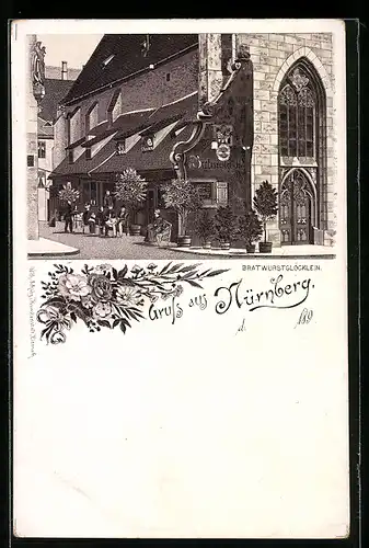 Lithographie Nürnberg, Partie am Gasthaus Bratwurstglöcklein