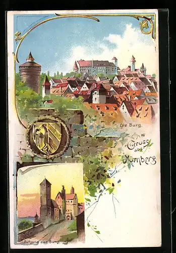 Lithographie Nürnberg, Ortsansicht mit Burg