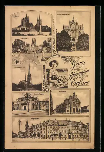 AK Erfurt, Stadttheater, Hauptpost und Dom