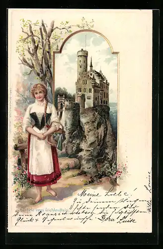Lithographie Bärbele vor der Burg Lichtenstein